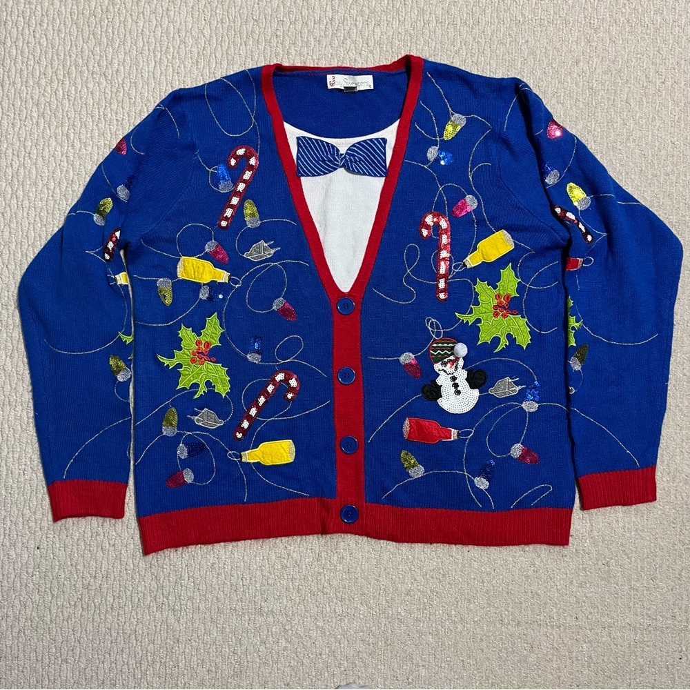 Jolly Sweaters Ugly Christmas Sweater Bow Tie, Sequins, Lights, Booze Womens XXL